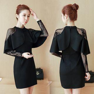 Ruffle Lace Panel Long-sleeve Dress