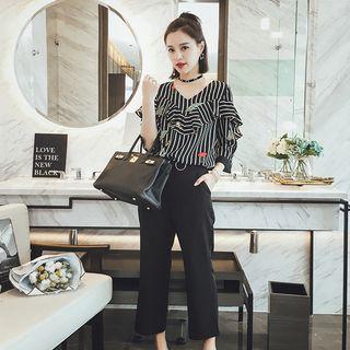 Set: 3/4-sleeve Striped Top + Cropped Wide Leg Pants