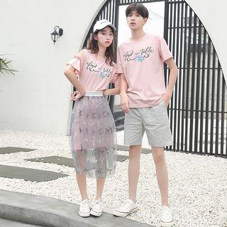 Couple-matching Printed T-shirt / Shorts / Cold-shoulder T-shirt Dress / Mesh Midi Skirt / Set
