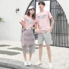 Couple-matching Printed T-shirt / Shorts / Cold-shoulder T-shirt Dress / Mesh Midi Skirt / Set