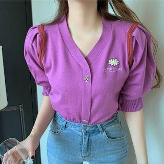 Puff-sleeve Embroidered Cardigan Purple - One Size