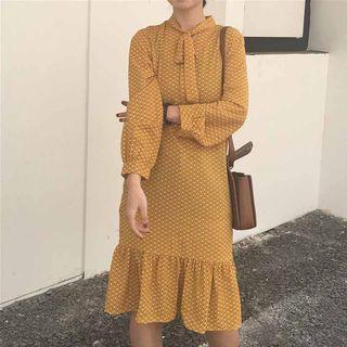 Long-sleeve Dotted Ruffle-hem Dress