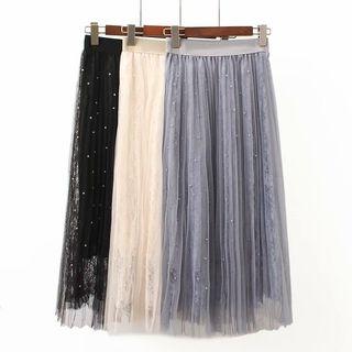 Faux Pearl A-line Midi Lace Skirt