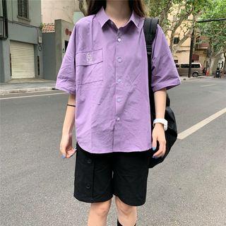 Short-sleeve Plain Shirt Purple - One Size