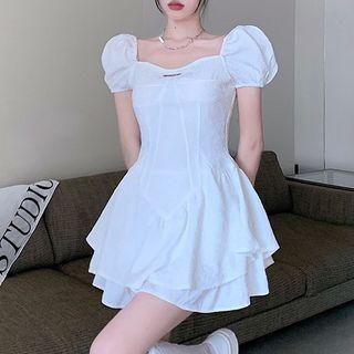 Puff-sleeve Layered Mini A-line Dress / Undershorts