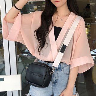 Set: Plain Camisole Top + V-neck 3/4-sleeve Blouse