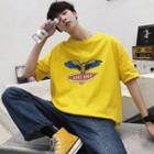 Elbow-sleeve Parrot Printed T-shirt