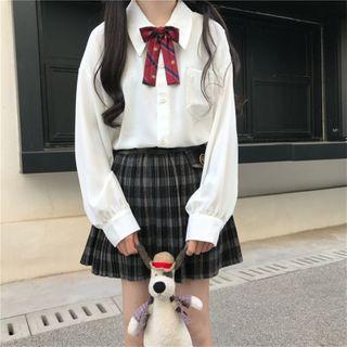 Tie-neck Short / Plaid Pleated Mini A-line Skirt