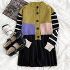 Long-sleeve Color-block Knit Cardigan Cardigan - One Size