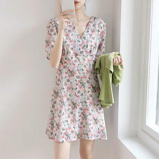 V Collar Floral Short-sleeved Dress
