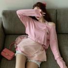 Long-sleeve Bow T-shirt / Halter-neck Top / Lace Trim Mini Skirt / Shorts / Set