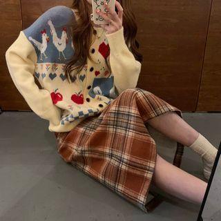 Print Cardigan / Plaid Midi Skirt