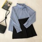 Striped Lace-up Long-sleeve Blouse Blue - One Size