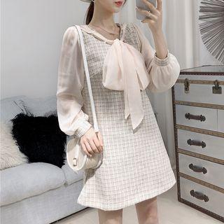Tie-neck Chiffon-sleeve Tweed A-line Dress