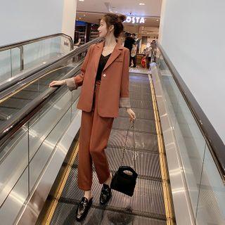 Set: Plain Single-button Blazer + Cropped Straight Leg Pants