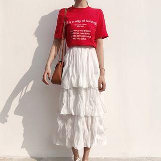 Lettering Short-sleeve T-shirt / Layered Midi Skirt