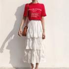 Lettering Short-sleeve T-shirt / Layered Midi Skirt