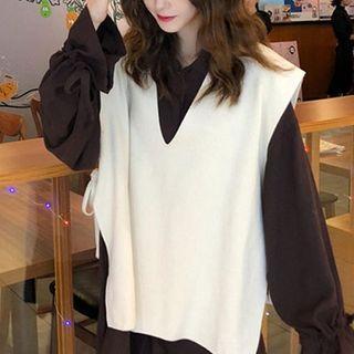 Ruffle Trim Shirt / Knit Vest