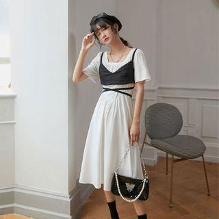 Set: Short-sleeve A-line Midi Dress + Spaghetti Strap Top