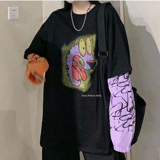 Mock Two-piece Dog Print Long-sleeve T-shirt