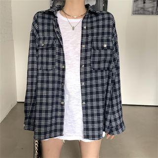 Plain Long-sleeve Loose-fit T-shirt / Plaid Shirt