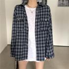 Plain Long-sleeve Loose-fit T-shirt / Plaid Shirt