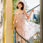 Peach Embroidered Cold Shoulder Short-sleeve A-line Dress