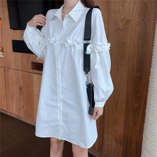 Long-sleeve Ruffled Mini A-line Shirtdress White - One Size