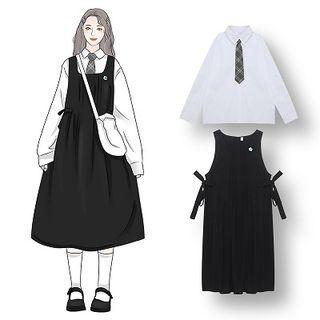 Plain Shirt With Tie / Flower Embroidered Midi Jumper Dress