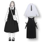 Plain Shirt With Tie / Flower Embroidered Midi Jumper Dress