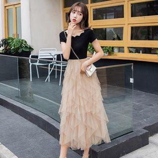 Scallop Trim Mesh Panel Short-sleeve Midi A-line Dress