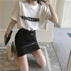 Short-sleeve Lettering T-shirt / Mini Sequined Sheath Skirt