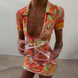 Short-sleeve Flower Print Collared Mini Sheath Dress