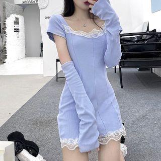 Set: Short-sleeve Lace Trim Mini Sheath Dress + Oversleeves