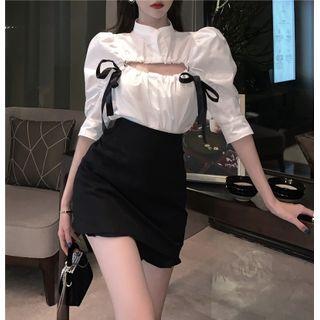 Elbow-sleeve Cutout Blouse / Mini Skirt