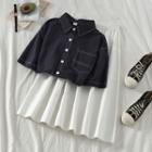 Elbow-sleeve Contrast Stitching Shirt / A-line Midi Skirt