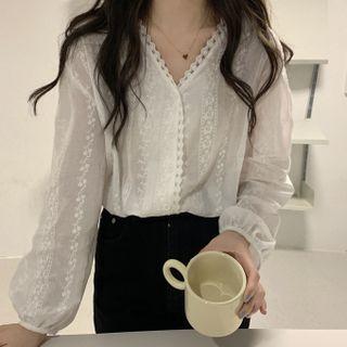 Lace V-neck Long-sleeve Shirt Cream - One Size