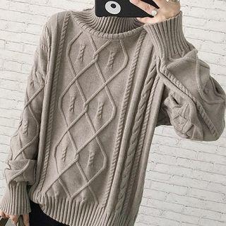 Plain Mock Neck Cable-knit Sweater