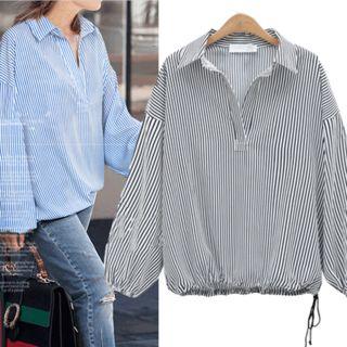 Pinstripe Half Placket Long-sleeve Blouse
