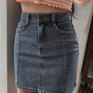 Slit-hem Seam-trim Denim Miniskirt