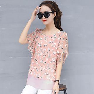 Floral Elbow-sleeve Chiffon Top
