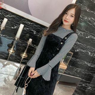 Mock Two-piece Long-sleeve Striped Panel Midi A-line Dress