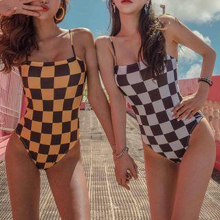 Spaghetti-strap Checkered Swimsuit