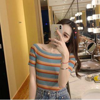 Striped Off-shoulder Short-sleeve Slim-fit Knit Top As Figure - One Size