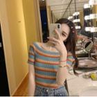 Striped Off-shoulder Short-sleeve Slim-fit Knit Top As Figure - One Size