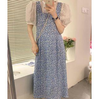 Set: Puff-sleeve Lace Blouse + Sleeveless Floral Printed Dress