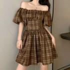 Off-shoulder Puff-sleeve Plaid A-line Dress