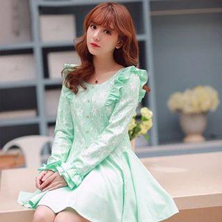 Frill Trim Lace Panel Knit Dress