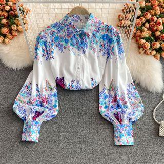 Lantern-sleeve Butterfly Print Shirt