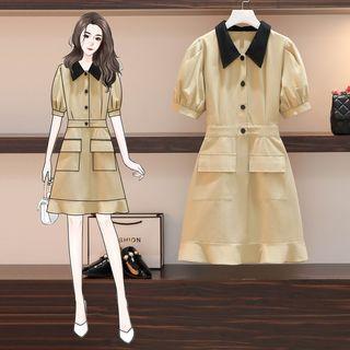 Short-sleeve Two Tone Mini Shirtdress